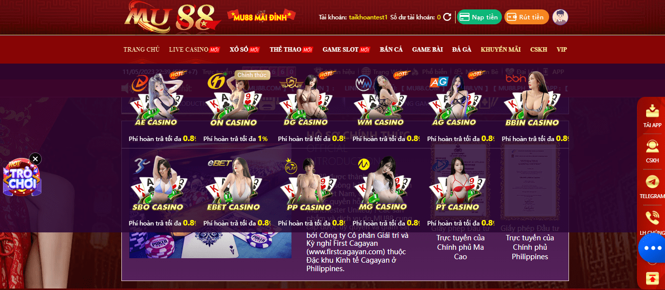 Sảnh game live casino hấp dẫn tại Mu88